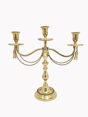 Vintage Hollywood Regency Solid Brass 3 Arm Candelabra Swag Chains Tassels 12.5"